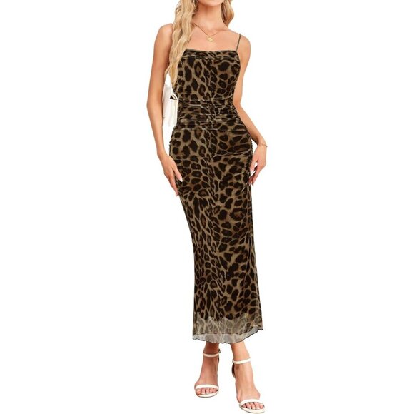 🆕 Women Brown Mesh Sexy Cami Long Dresses Floral Slip Maxi RuchedSummer Bodycon - Picture 2 of 6